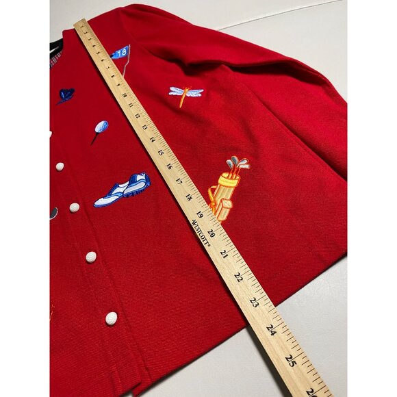 Karen Scott Red Golf Button Up Cardigan Medium Novelty Embroidered Long sleeve - Picture 5 of 16